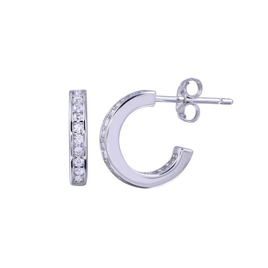 Silver Rhodium Plated Semi-Hoop CZ Earrings