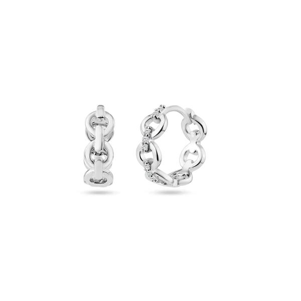 Silver Earring Chain Link CZ Huggie Hoop Earrings 13.2mm