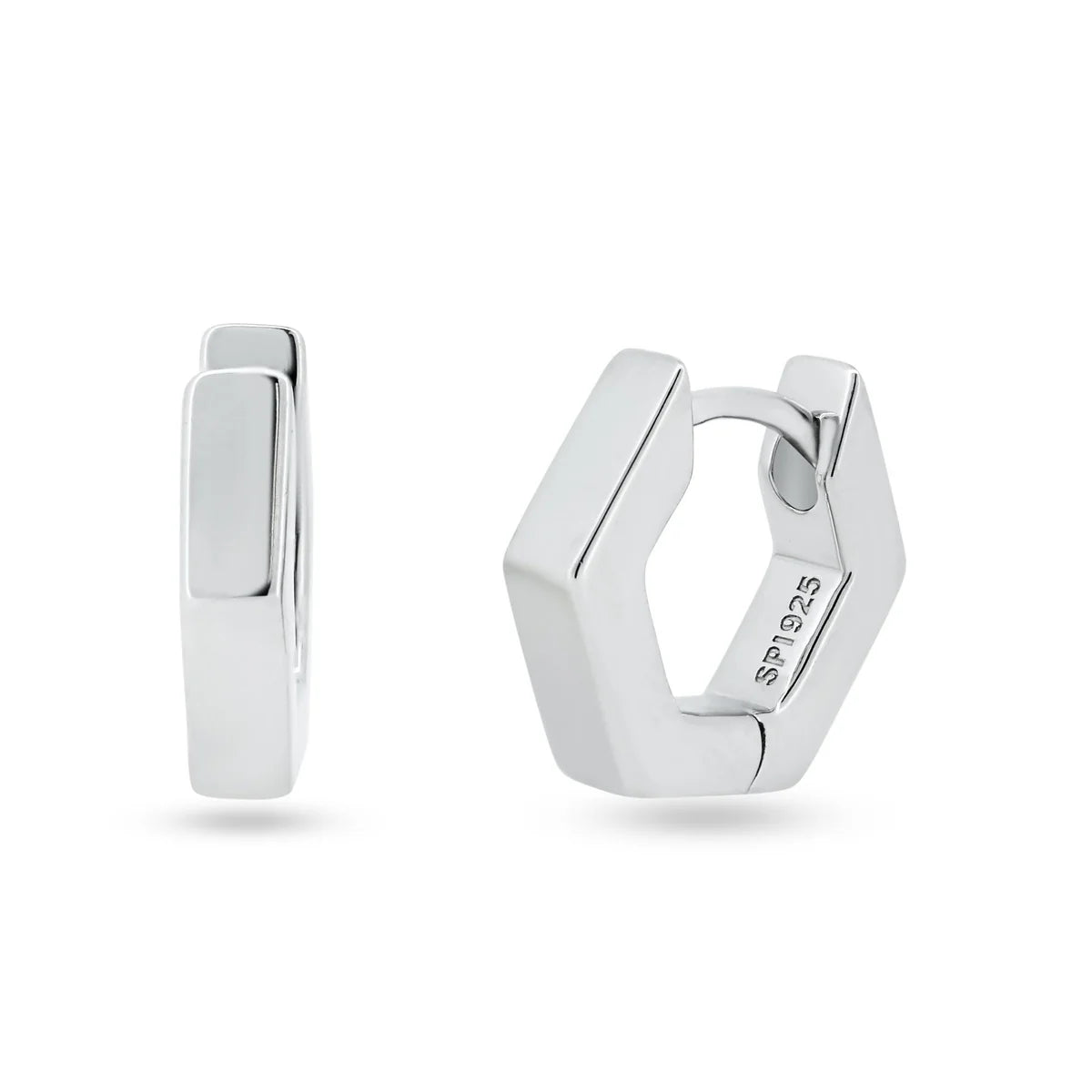 925 Sterling Silver Rhodium Plated Hexagon Huggie Earrings