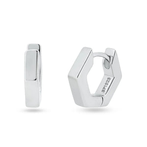 925 Sterling Silver Rhodium Plated Hexagon Huggie Earrings