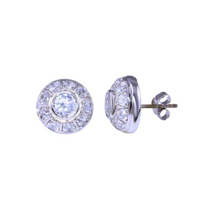 Rhodium Plated 925 Sterling Silver, Dome Clear CZ Stud Earring, 13mm