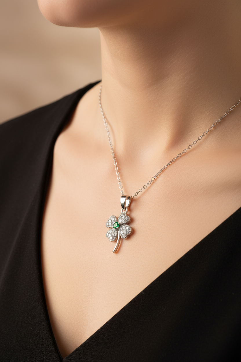 Sterling Silver Rhodium Plated Necklace with Clover