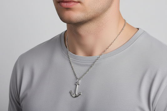 Silver Rhodium Plated Clear CZ Anchor Necklace