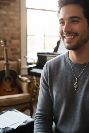 Silver Rhodium Plated Treble Clef Pendant Necklace