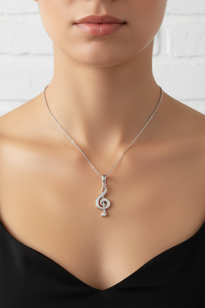 Silver Rhodium Plated Treble Clef Pendant Necklace