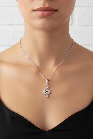 Silver Rhodium Plated Treble Clef Pendant Necklace