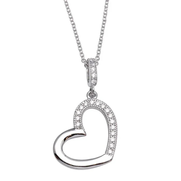 Sterling Silver Rhodium-Plated Sterling Silver Open Heart Necklace with CZ