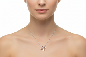 Silver 925 Rhodium-Plated Clear CZ Round Tree Pendant Necklace