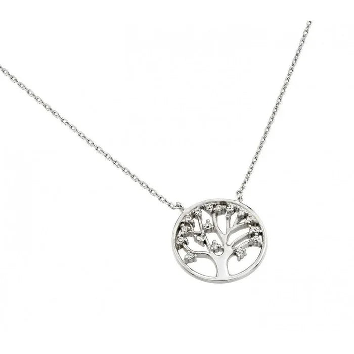 Silver 925 Rhodium-Plated Clear CZ Round Tree Pendant Necklace