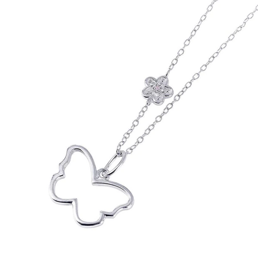 Silver Rhodium Plated Open Butterfly with Flower CZ Necklace