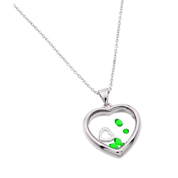 Silver Rhodium Plate Heart Necklace with Green CZ
