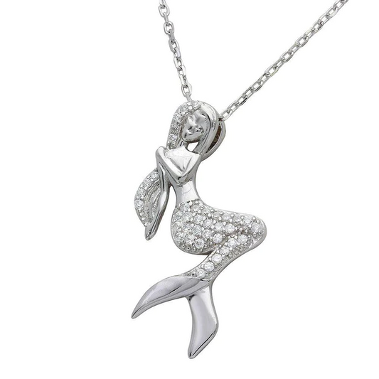 Silver Rhodium Plated CZ Mermaid Necklace