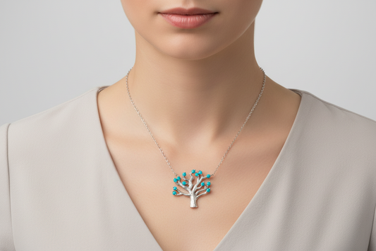 Rhodium Plated 925 Sterling Silver Tree Necklace with Turquoise Beads