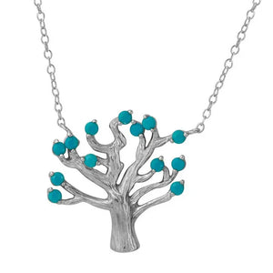 Rhodium Plated 925 Sterling Silver Tree Necklace with Turquoise Beads