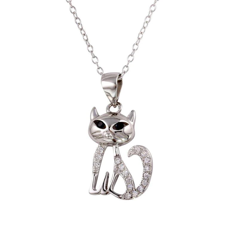 Silver 925 Rhodium Plated Small Cat Pendant with CZ