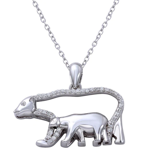 Silver Rhodium-Plated Bears Necklace with CZ