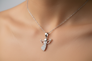 Rhodium Plated 925 Sterling Silver Angel Pendant Necklace with CZ