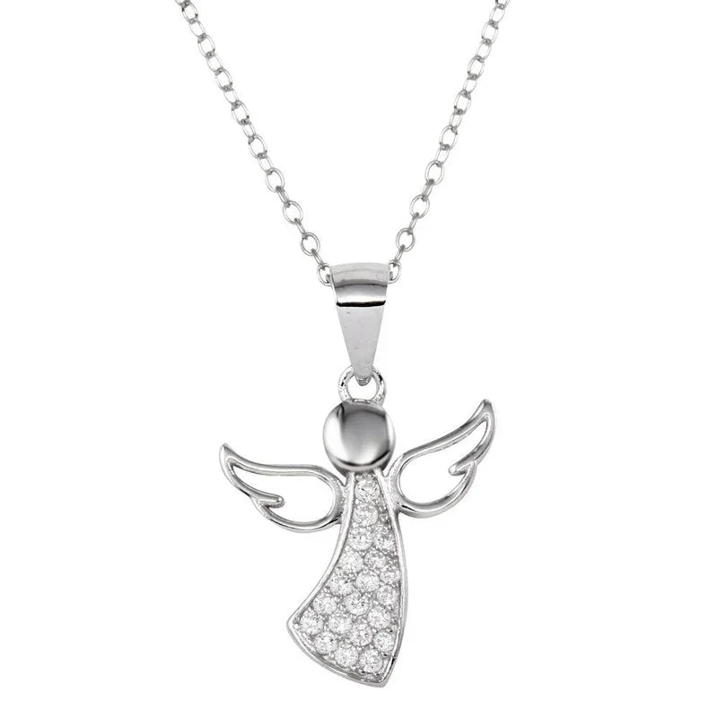 Rhodium Plated 925 Sterling Silver Angel Pendant Necklace with CZ
