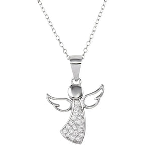 Rhodium Plated 925 Sterling Silver Angel Pendant Necklace with CZ