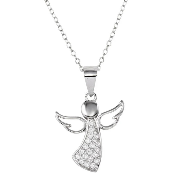 Sterling Silver Rhodium-Plated Sterling Silver Angel Pendant Necklace with CZ