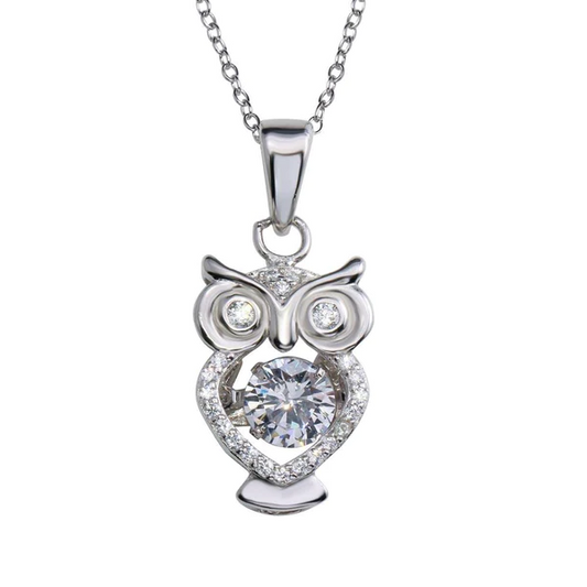 Silver Rhodium Plated Owl Necklace with Dancing CZ