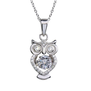 Silver Rhodium Plated Owl Necklace with Dancing CZ