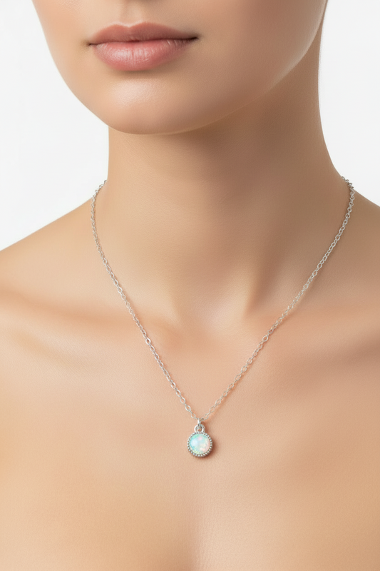 Rhodium Plated 925 Sterling Silver Round Synthetic Opal Necklace