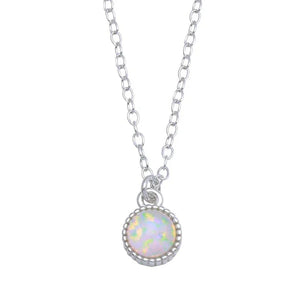 Rhodium Plated 925 Sterling Silver Round Synthetic Opal Necklace