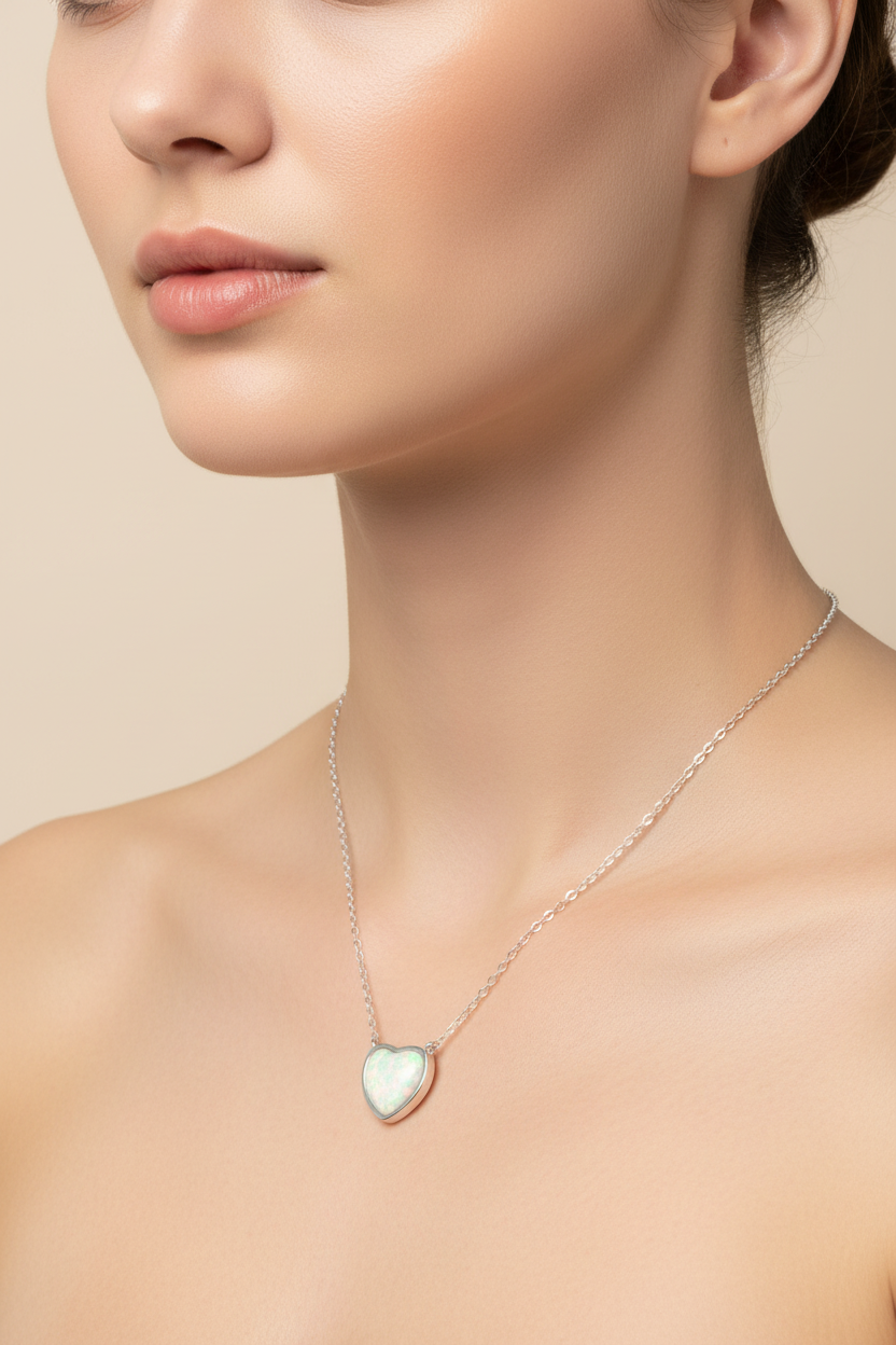 Rhodium Plated 925 Sterling Silver Heart Synthetic Opal Necklace with CZ