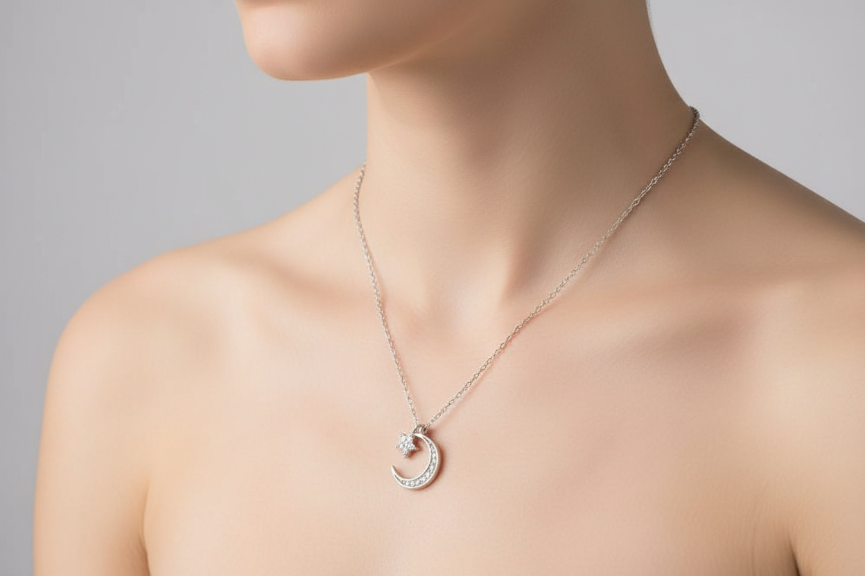 Rhodium Plated 925 Sterling Silver Dangling Flower Crescent CZ Necklace