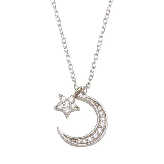 Rhodium Plated 925 Sterling Silver Dangling Flower Crescent CZ Necklace