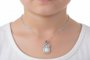 Rhodium Plated 925 Sterling Silver Owl Synthetic Opal Necklace with CZ