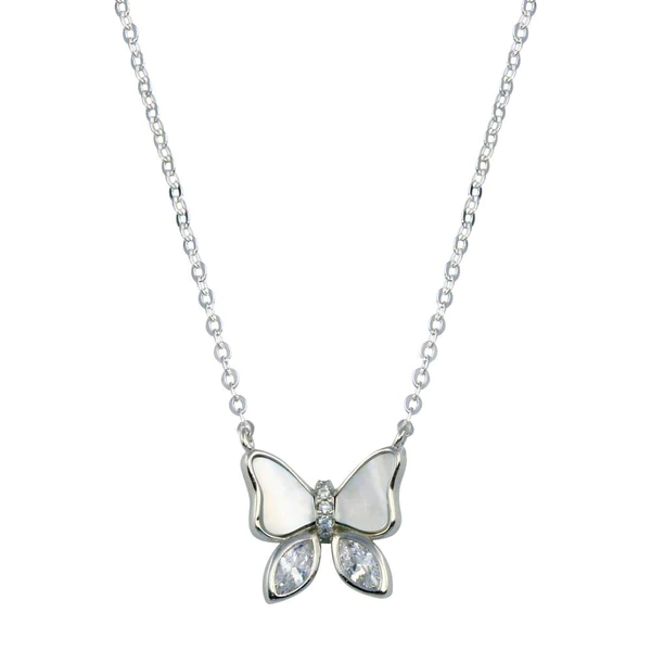 Silver Rhodium Plated Butterfly CZ Mother of Pearl Necklace