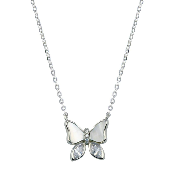 Silver Rhodium-Plated Butterfly CZ Mother of Pearl Necklace