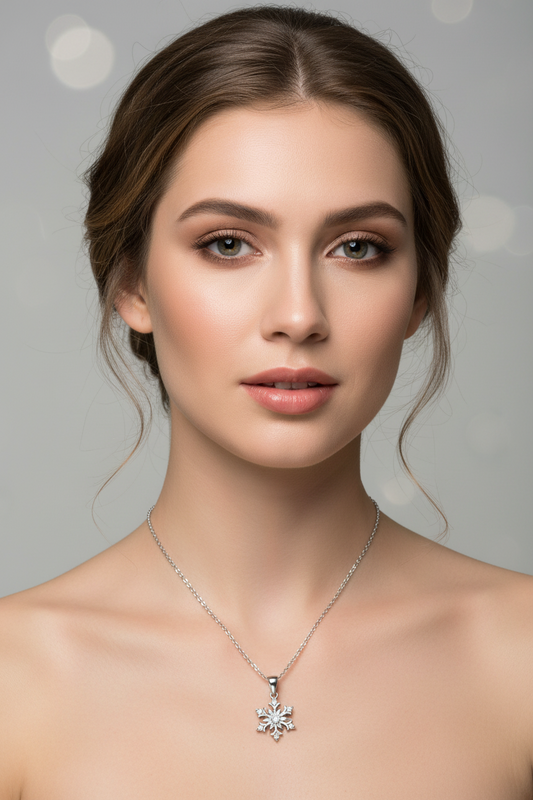925 Sterling Silver Rhodium Plated Snow Flakes CZ Necklace