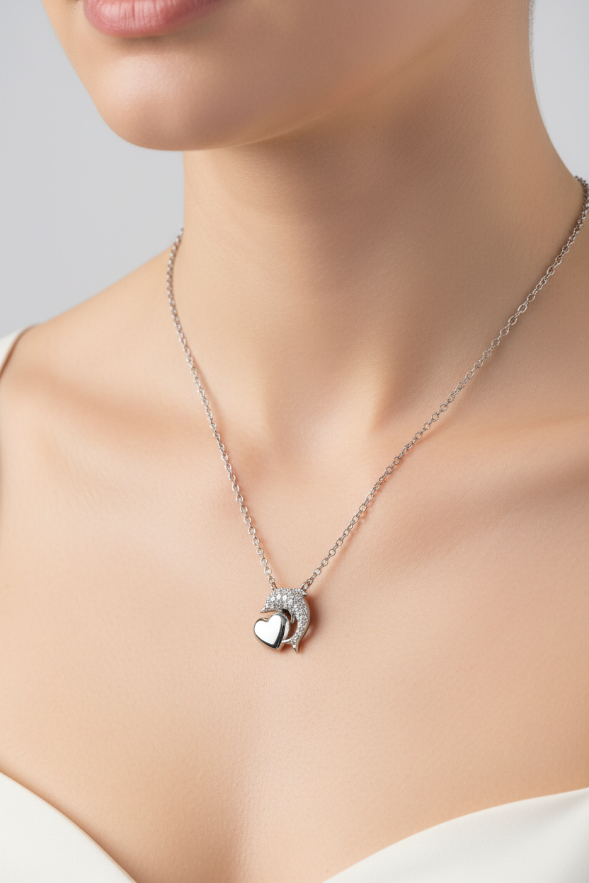 Rhodium Plated 925 Sterling Silver CZ Dolphin Necklace With Heart