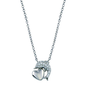 Rhodium Plated 925 Sterling Silver CZ Dolphin Necklace With Heart
