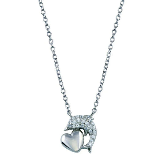 Rhodium Plated 925 Sterling Silver CZ Dolphin Necklace With Heart
