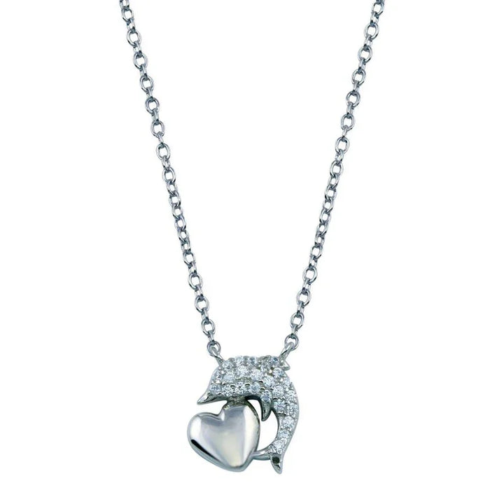 Sterling Silver Rhodium-Plated Sterling Silver CZ Dolphin Necklace With Heart