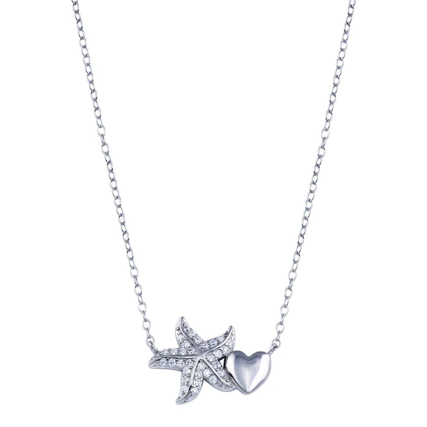 Sterling Silver Rhodium-Plated Sterling Silver Starfish Heart CZ Necklace