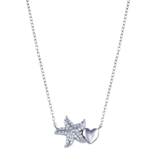 Silver Rhodium Plated Starfish Heart CZ Necklace