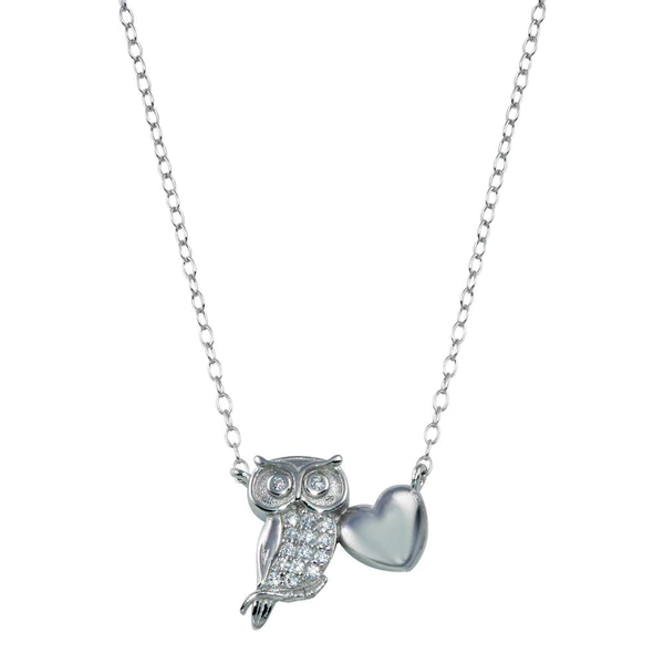 Silver Rhodium-Plated Owl Heart Necklace