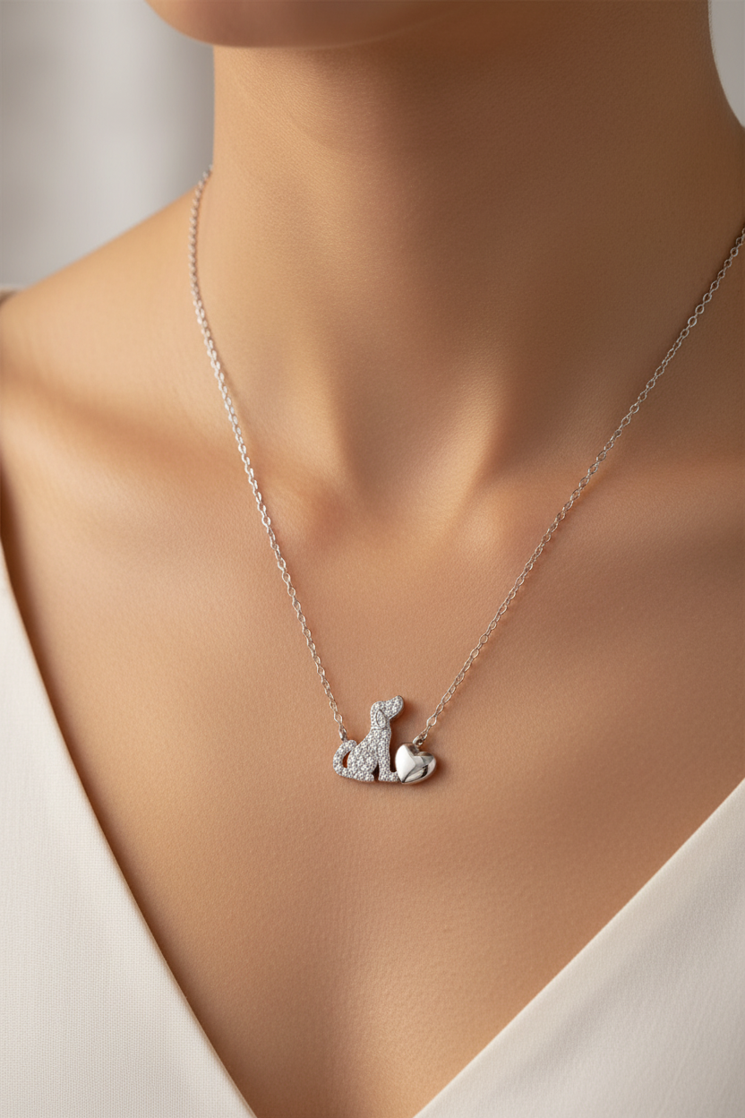 Sterling Silver with Rhodium Plated Dog Heart Necklace