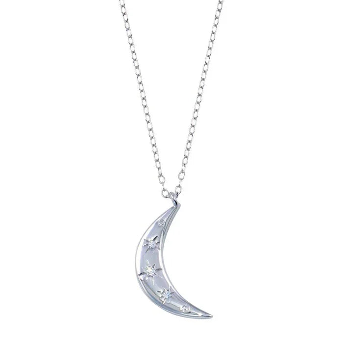 Sterling Silver Rhodium-Plated Sterling Silver Moon CZ Necklace