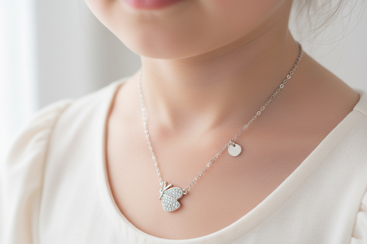 Silver Rhodium Plated Butterfly CZ Necklace