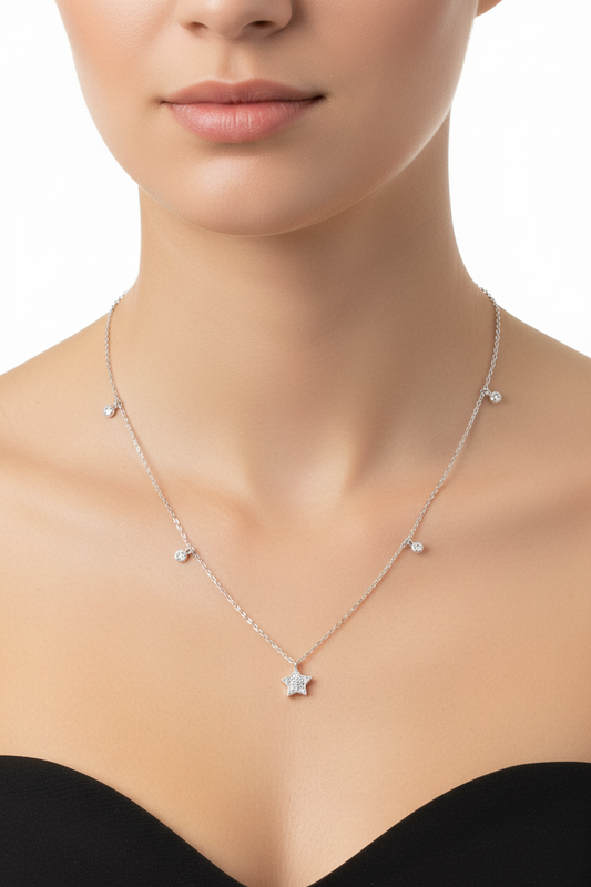 Rhodium Plated 925 Sterling Silver Star and Round CZ Necklace