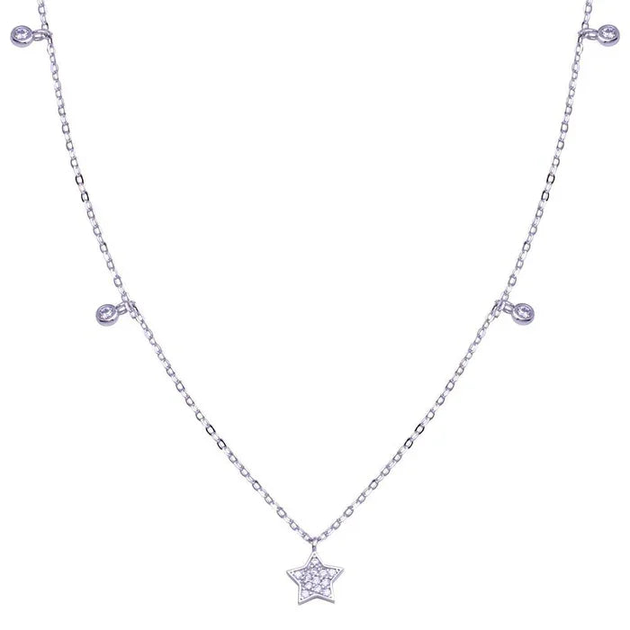 Sterling Silver Rhodium-Plated Sterling Silver Star and Round CZ Necklace