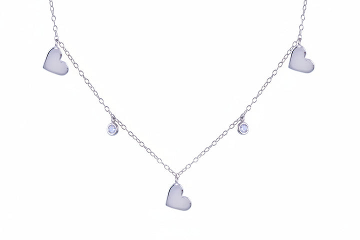 Sterling Silver Rhodium-Plated Sterling Silver Dangling Heart Clear CZ Necklace