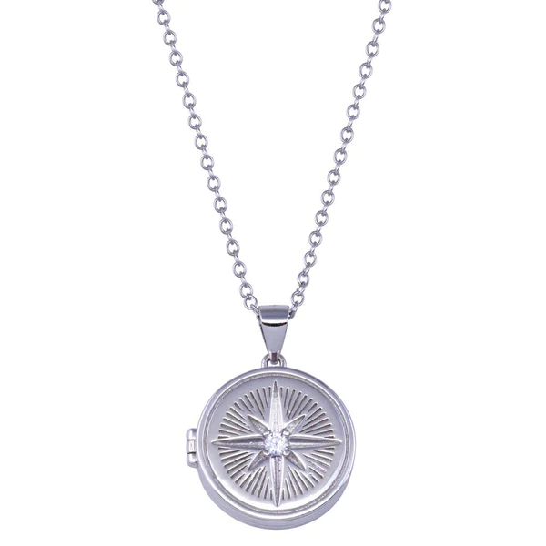 925 Sterling Silver Rhodium-Plated Compass Locket Necklace setting with CZ