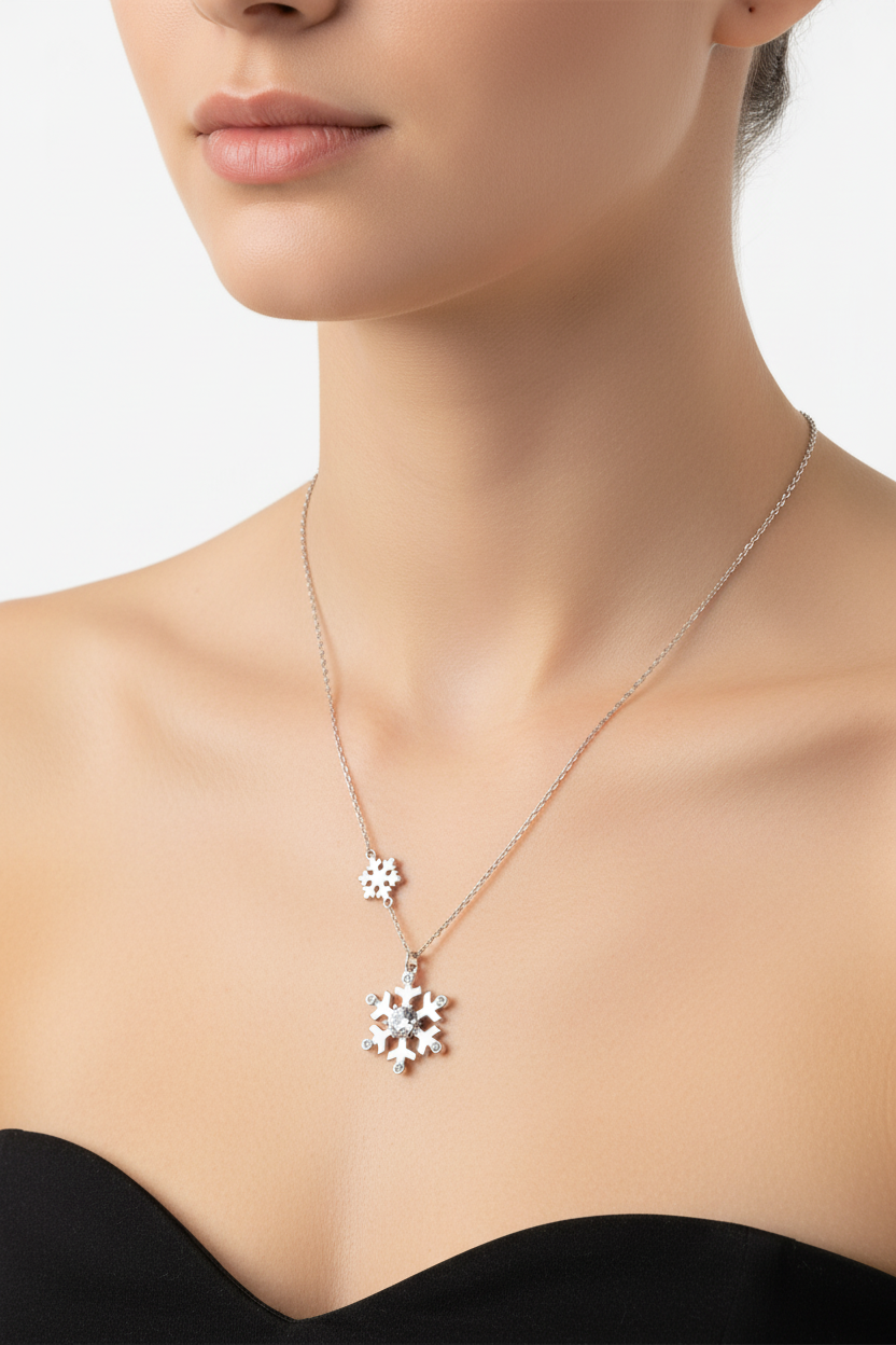 Sterling Silver Rhodium Plated Snow Flakes CZ Necklace, 925